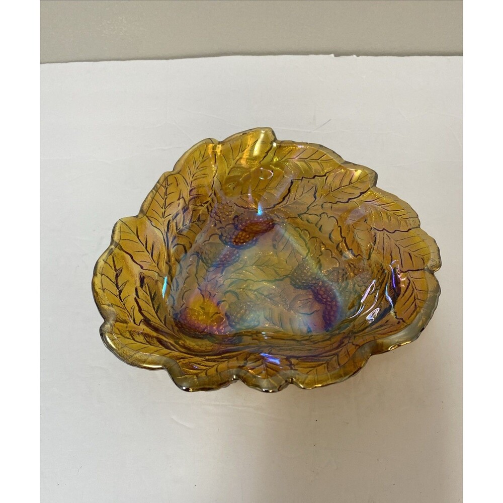 Vintage Indiana Carnival Glass Loganberry Leaf Amber Marigold Candy Dish Bowl